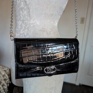 NWOT Ralph Lauren Adair Croc-embossed Black Patent Crossbody/Clutch